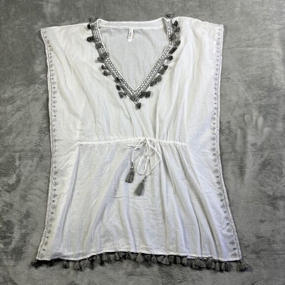 PilyQ PQ Swim Cover-Up Sz XS/S White Gray Tassel Trim Embroidered Boho Beachwear - Picture 1 of 8